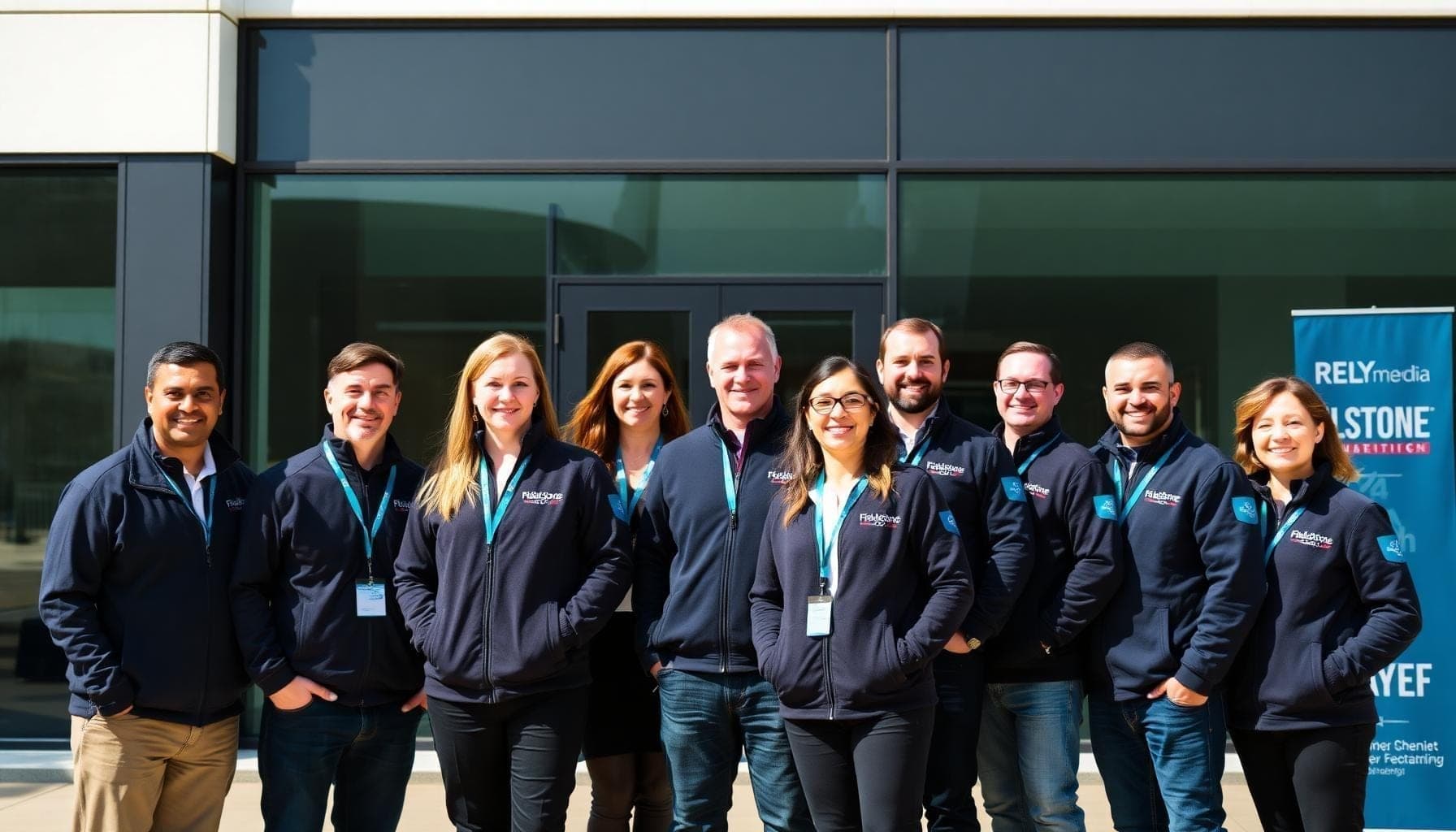 Team wearing branded corporate jackets — professional outerwear for corporate giveaways