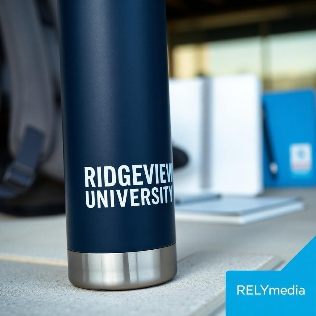 Close-up of custom college swag stickers and small branded items