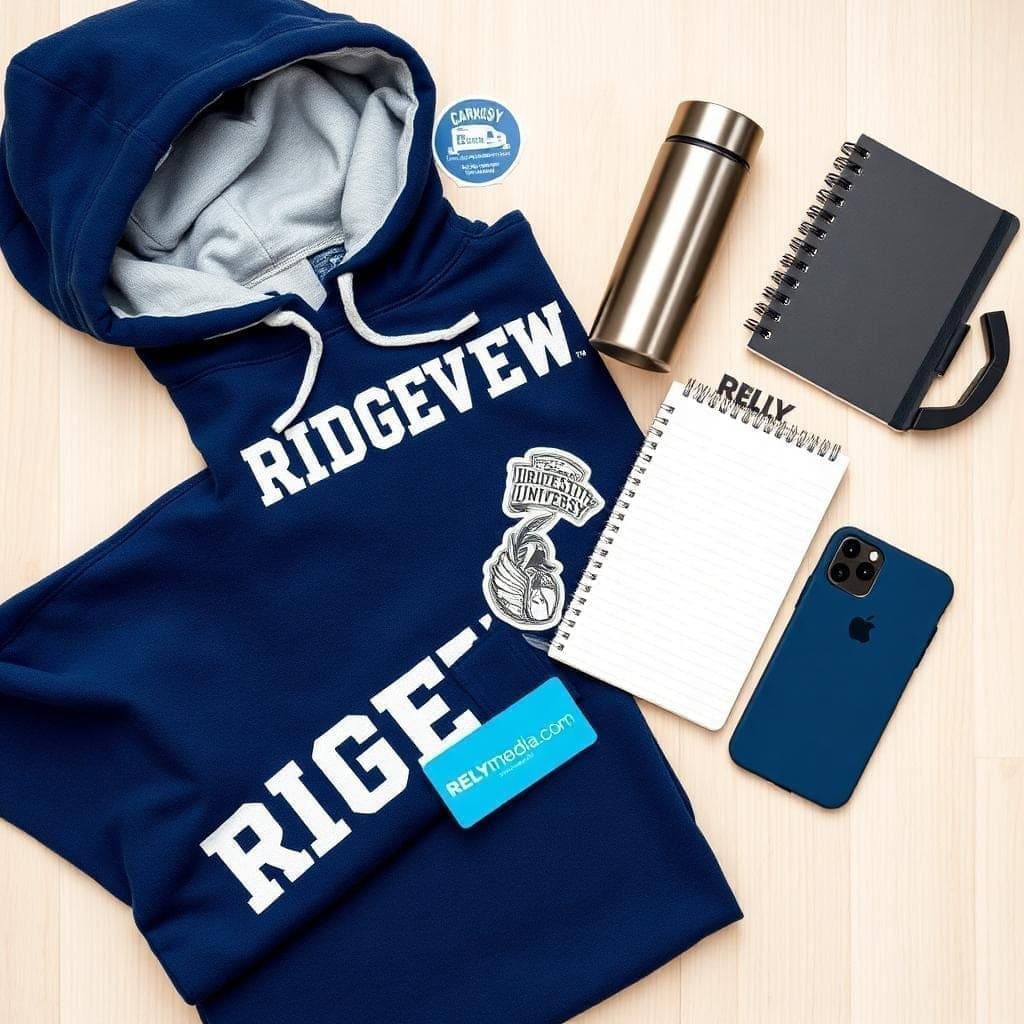 Flatlay of college swag items including water bottle, notebook, and stickers
