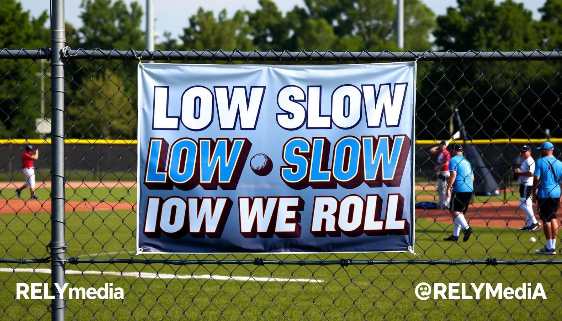 Slow pitch softball team banner with slogan in dugout