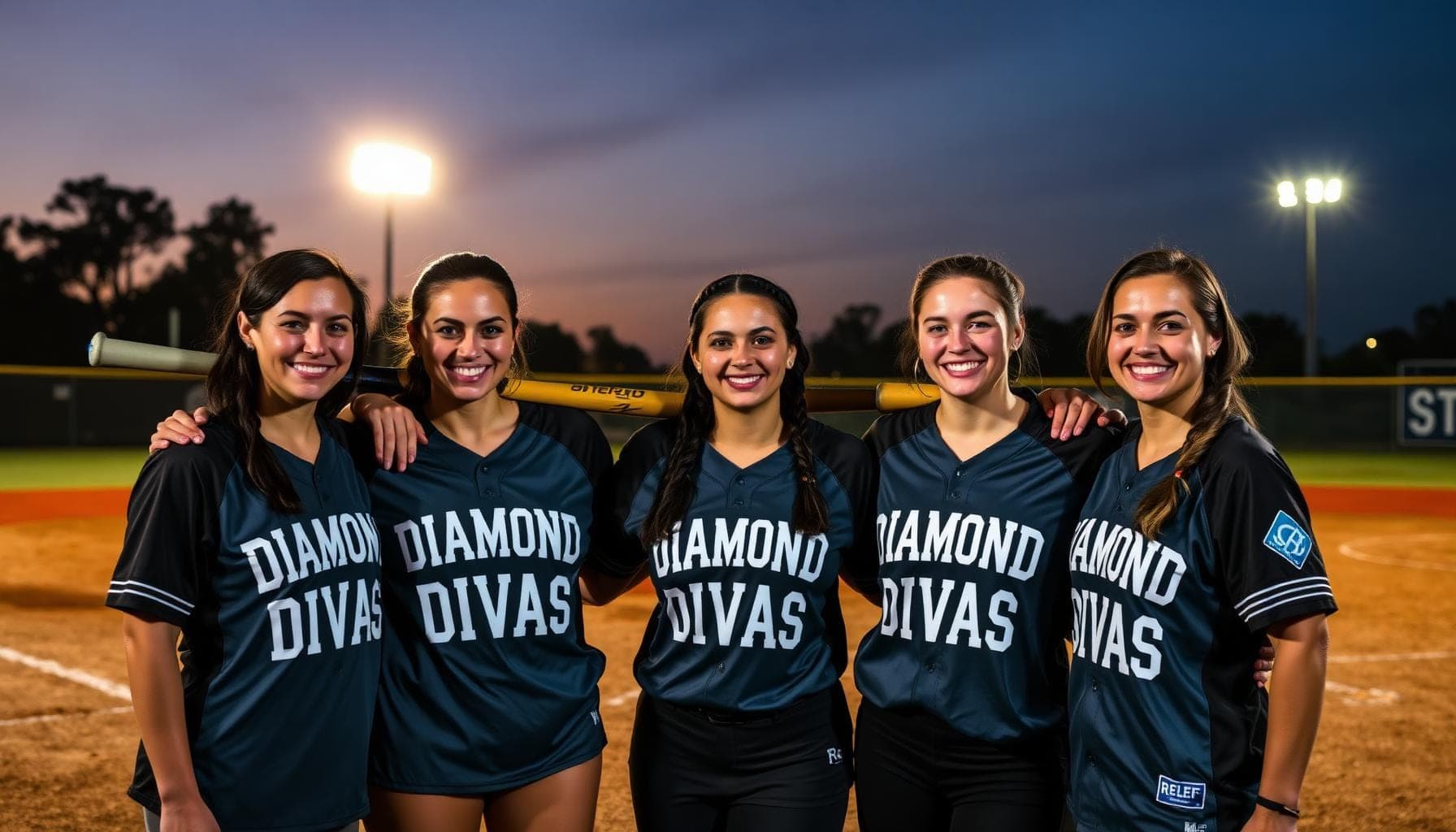 Women's slow pitch softball team huddled together