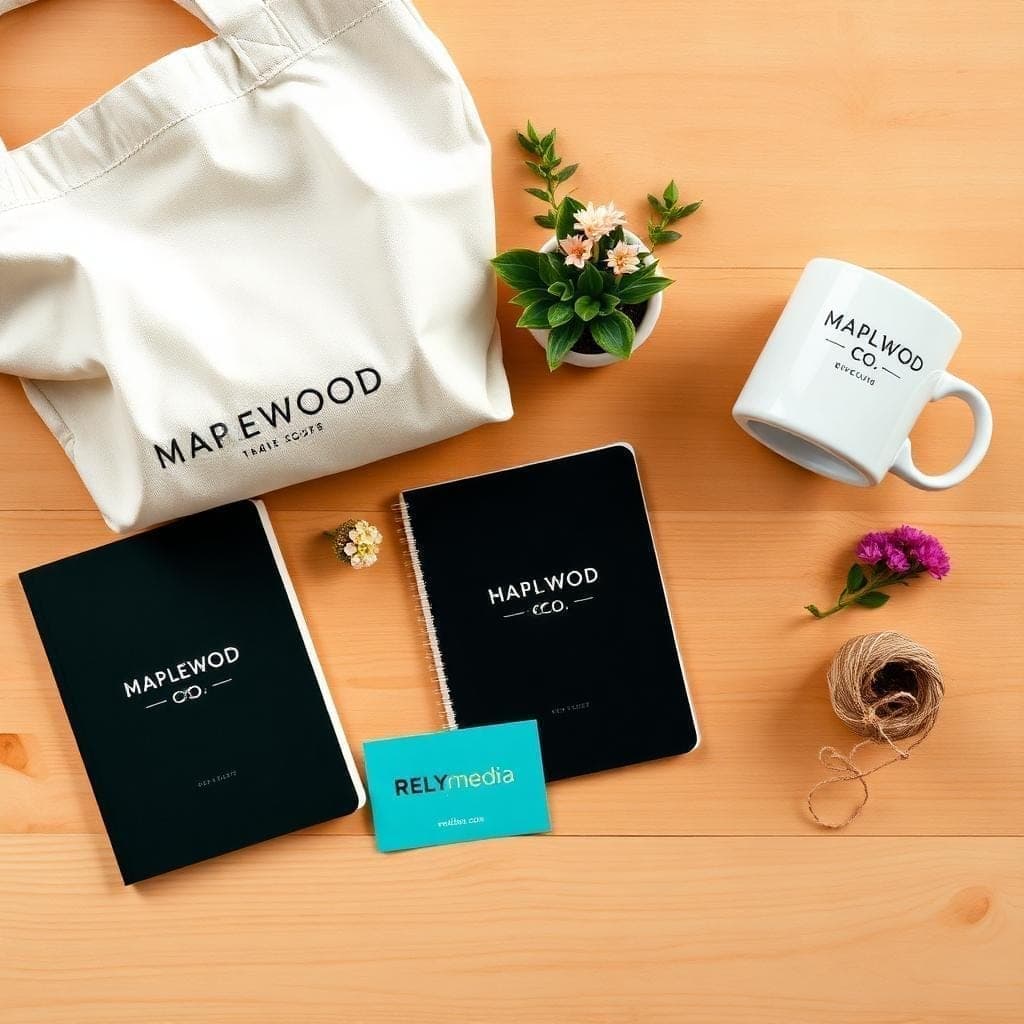 Branded promotional products laid out for a small business giveaway