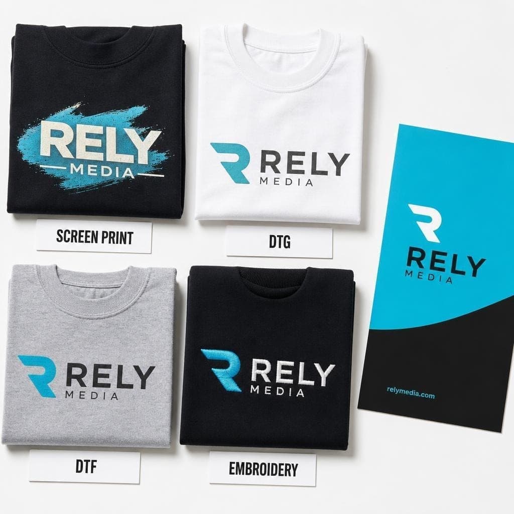 Flat lay of custom T-shirt printing methods — screen printing, DTG, DTF and vinyl