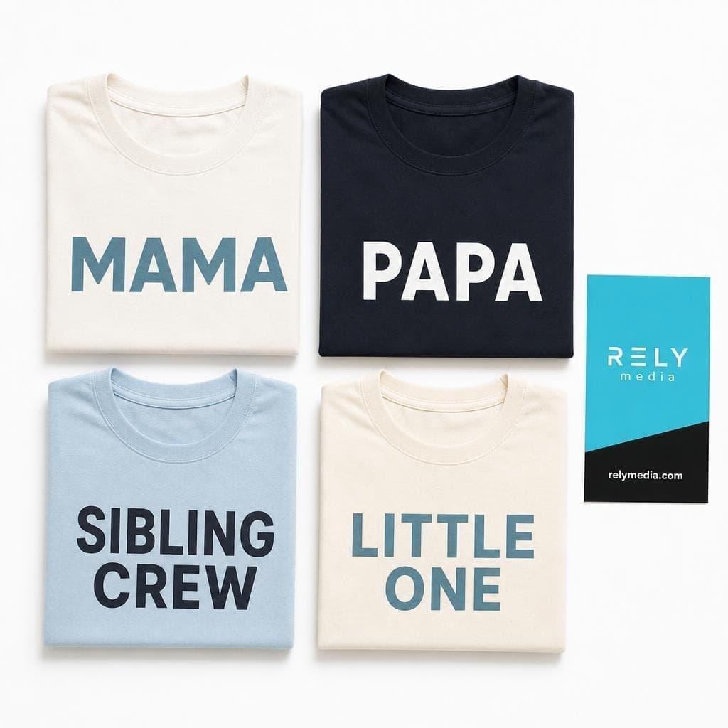 Flat lay of role-based custom family T-shirt designs and typography