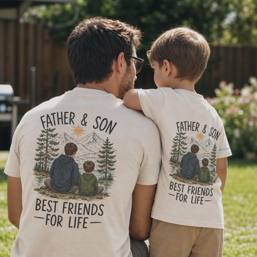 Parent and child wearing matching custom T-shirts