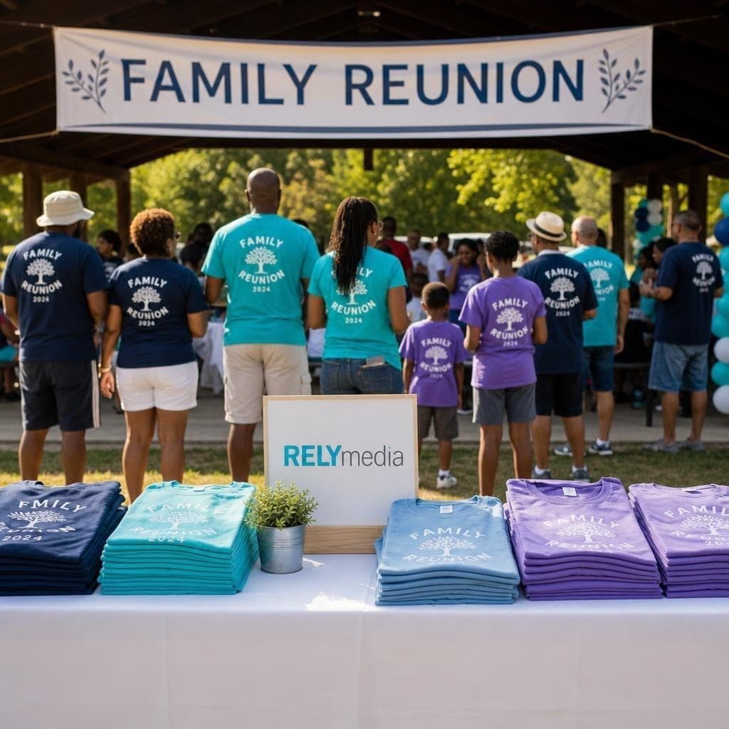 Extended family wearing coordinated custom reunion T-shirts
