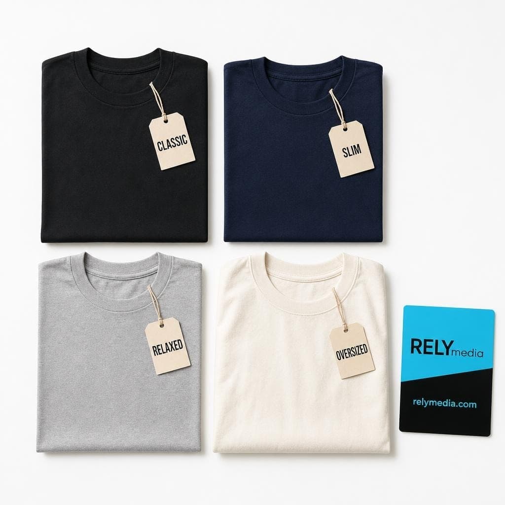 Flat lay of custom T-shirt fits, fabrics, and necklines