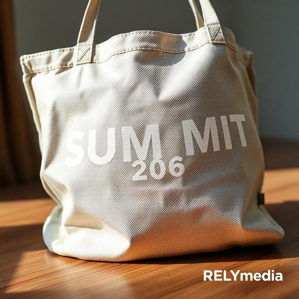Close-up of a customised branded swag bag
