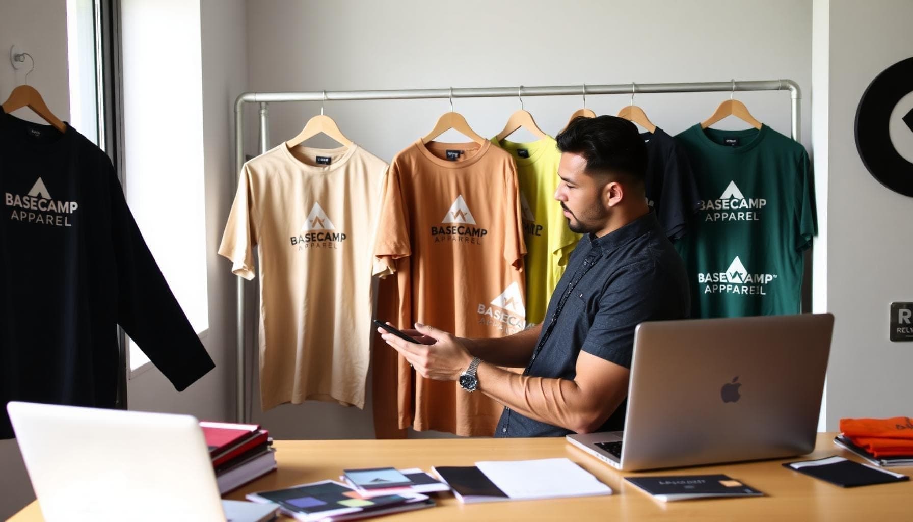Worker wearing branded Carhartt-style workwear t-shirt — durable custom company apparel