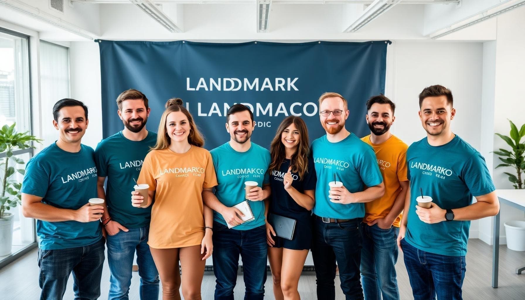 Team wearing branded company t-shirts — custom apparel for corporate events