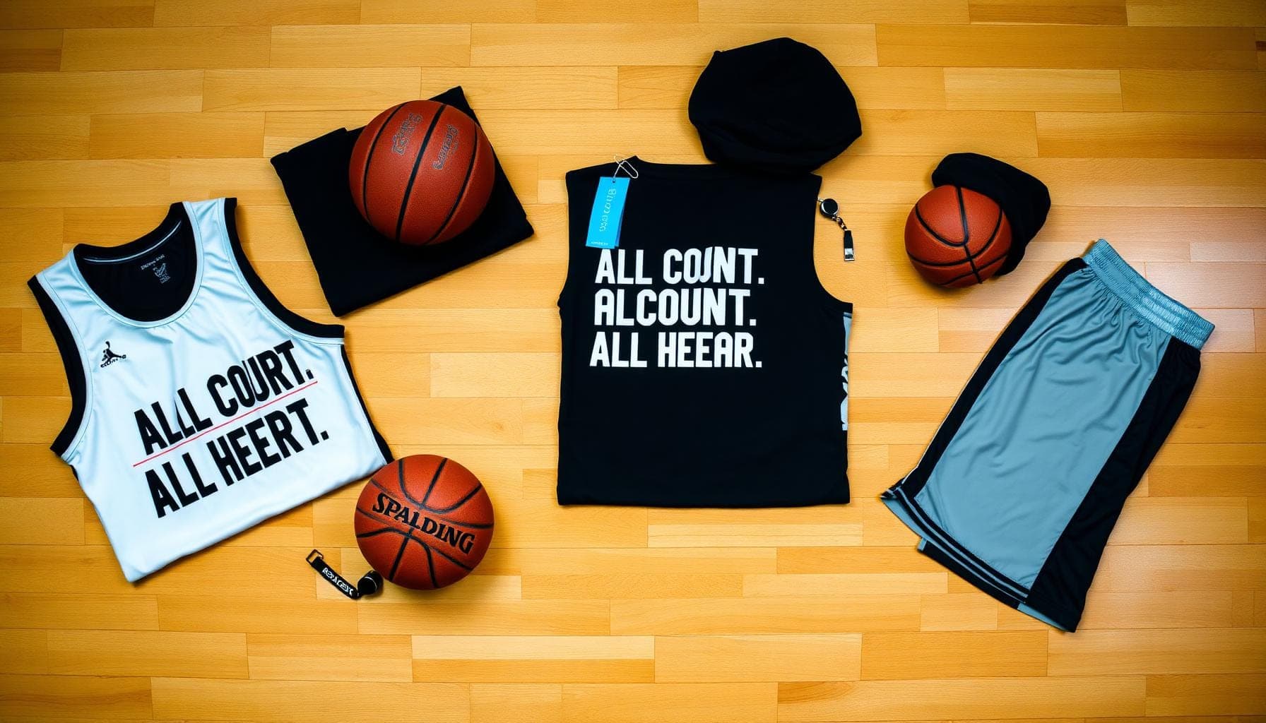 Basketball jersey flatlay with custom slogan