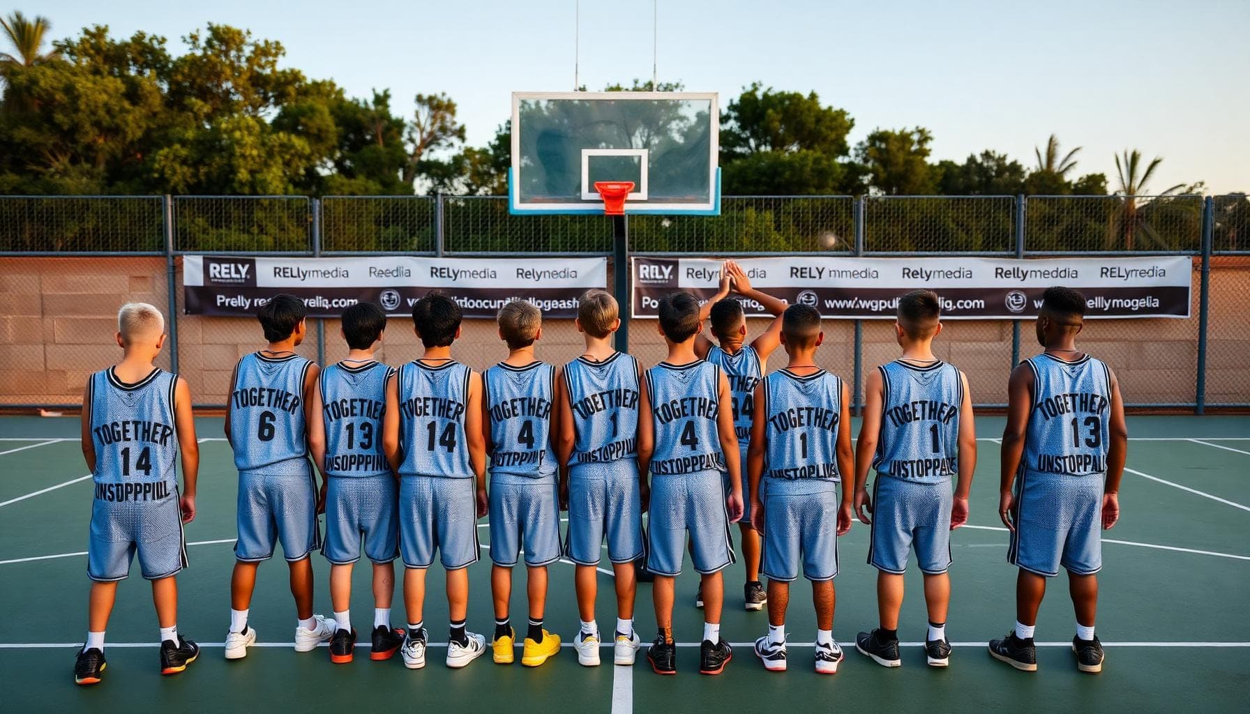 Youth basketball team huddled together