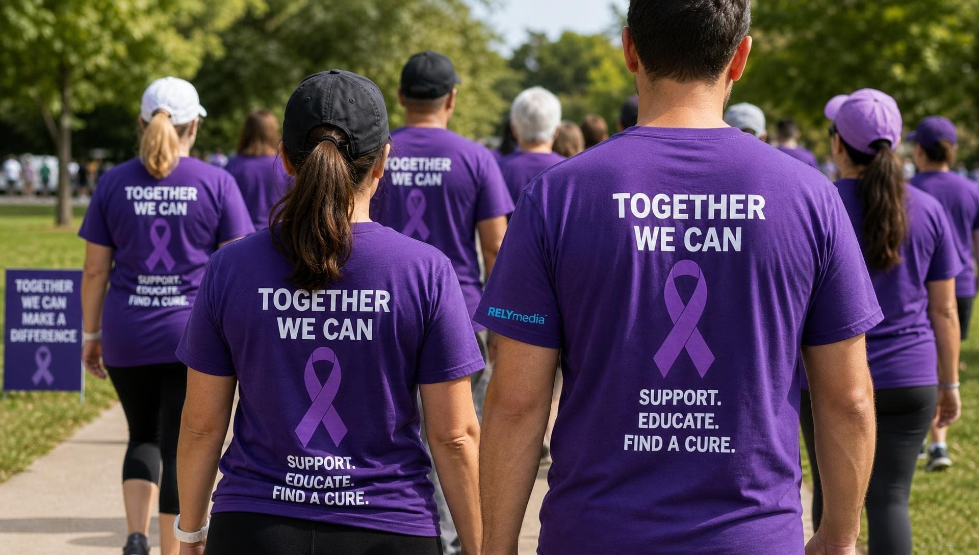 Participants wearing purple awareness shirts at a domestic violence awareness walk