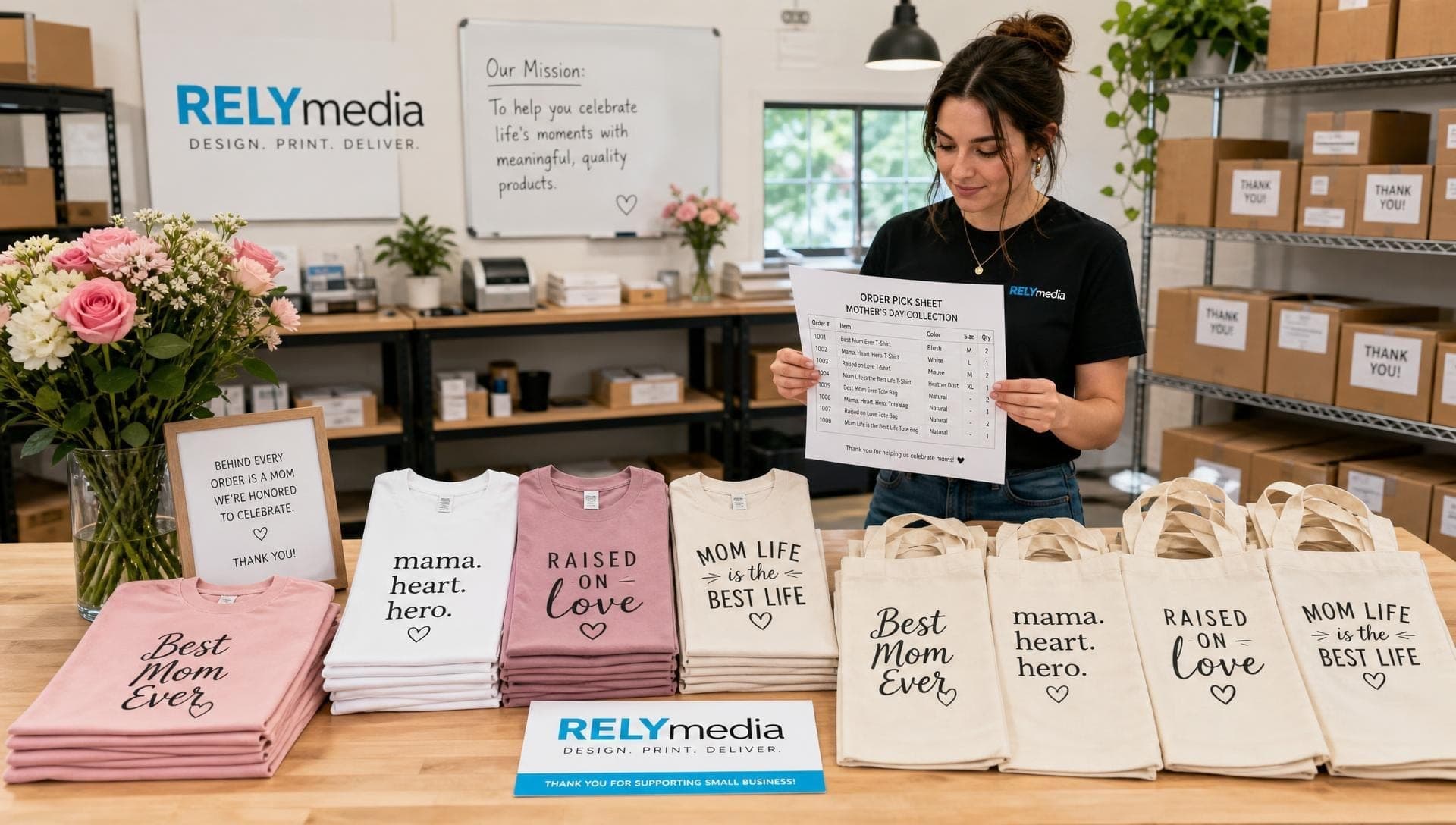 RELYmedia fulfillment team packing custom Mother’s Day gifts