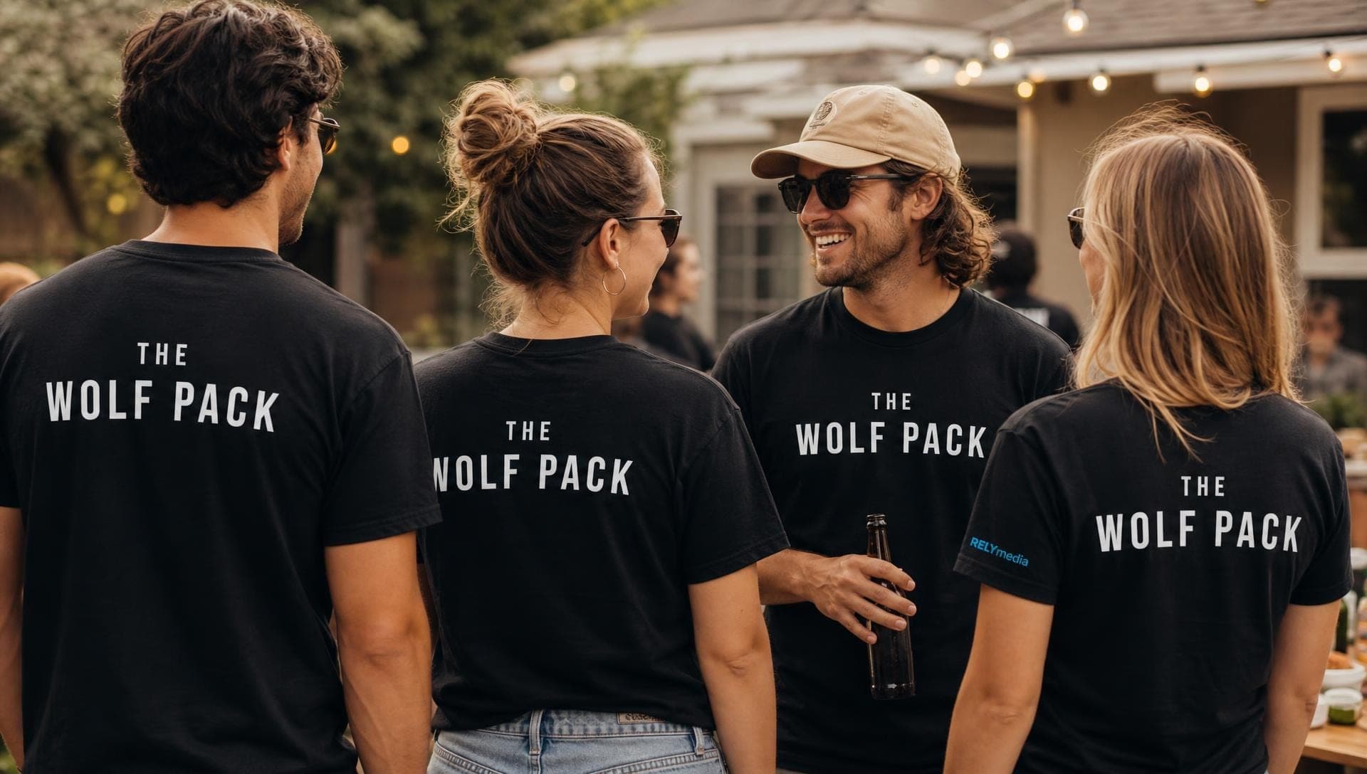 Group of friends wearing matching custom group name shirts