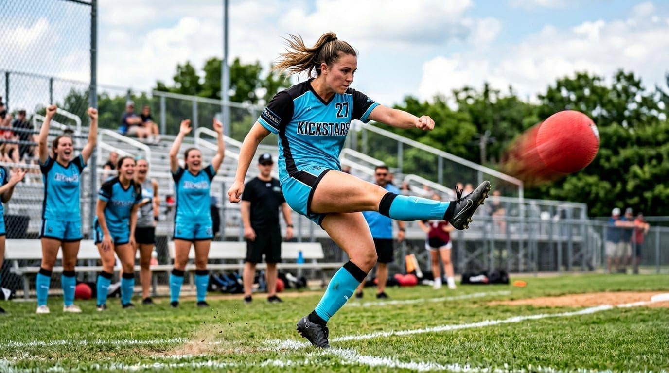 Kickball team names by league type — action on field