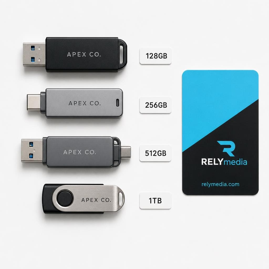 Flat lay comparing USB flash drives of different capacities