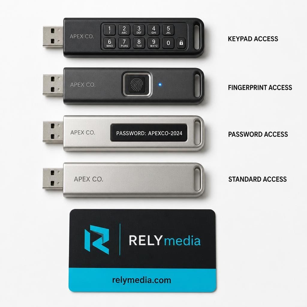 Flat lay comparing several encrypted secure USB drives