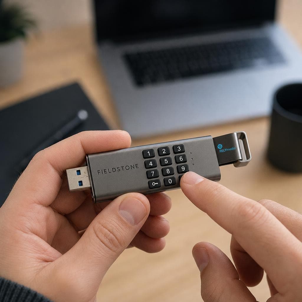 Person entering a PIN on a secure USB drive keypad