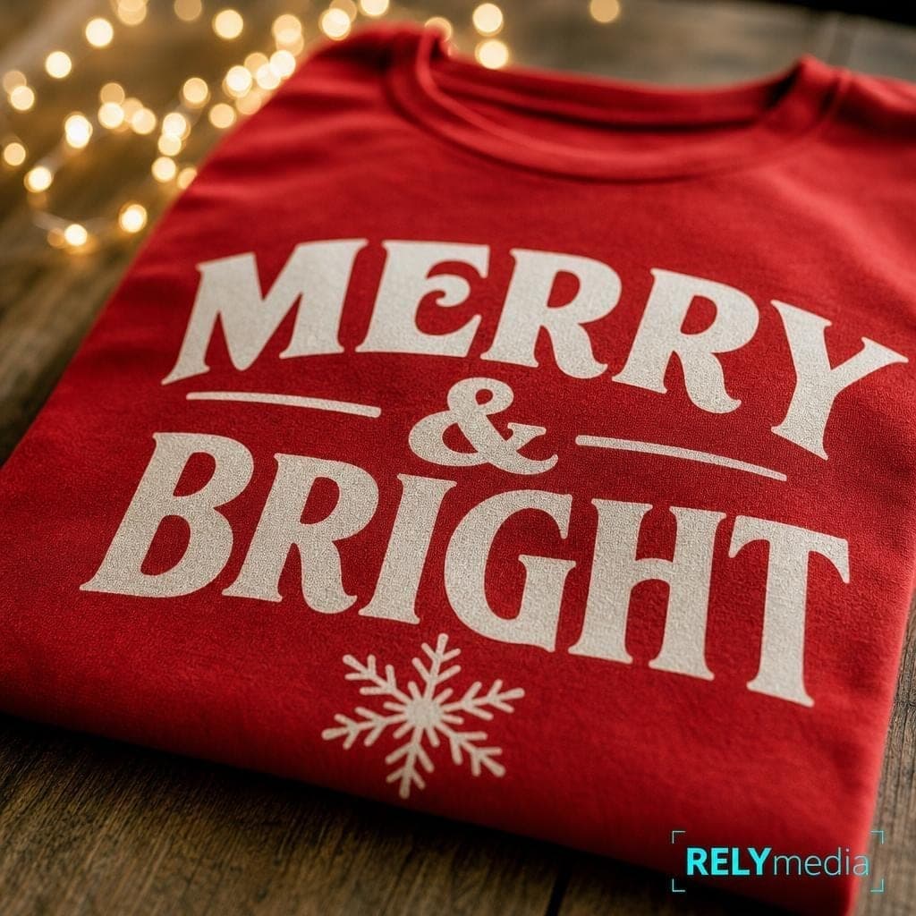 Close-up of Christmas shirt print detail during production