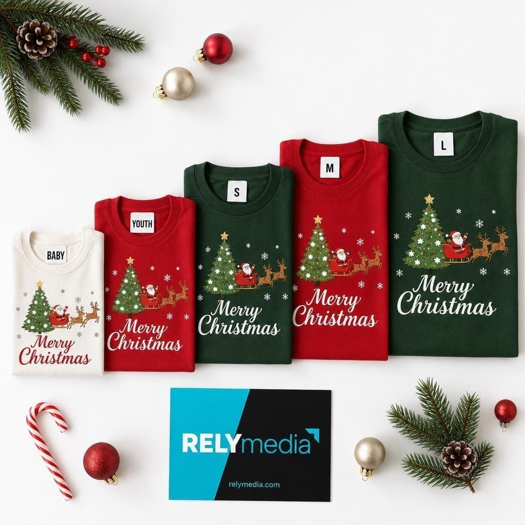 Flat lay of custom Christmas T-shirt designs across sizes and styles