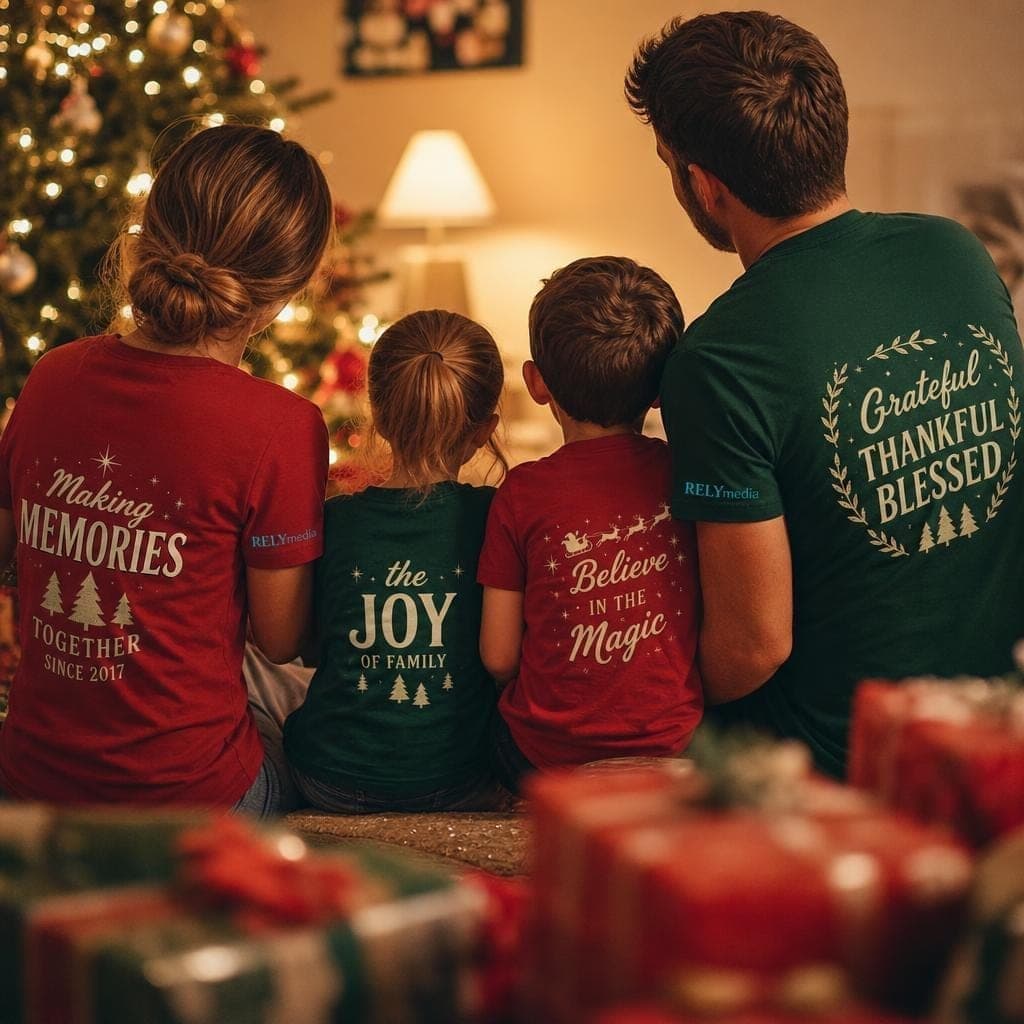 Family wearing matching custom Christmas T-shirts on Christmas morning