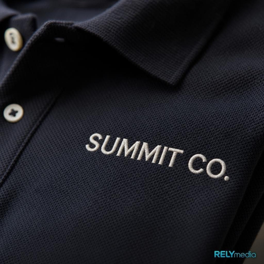 Close-up of embroidered logo on a custom polo shirt