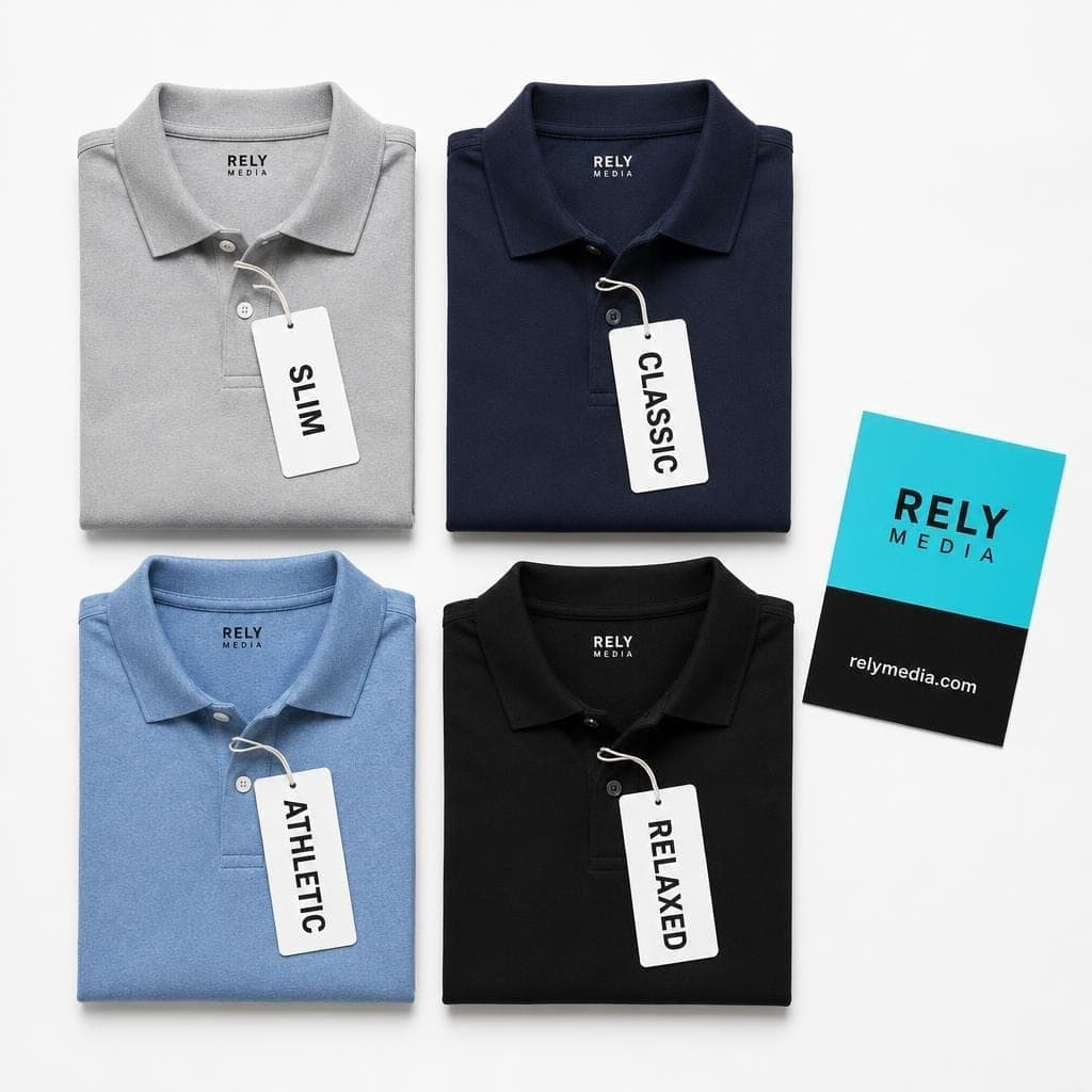 Flat lay of custom polo shirts in slim, classic and relaxed fits