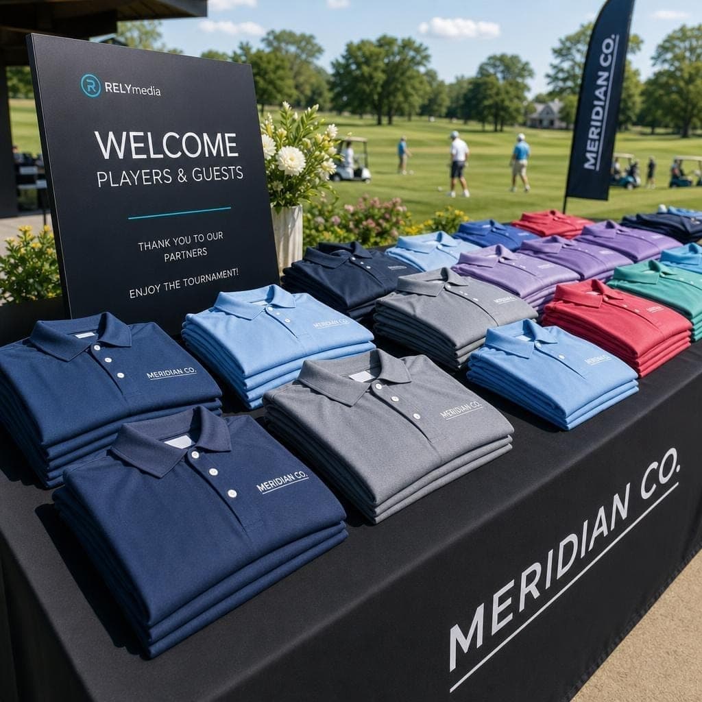 Corporate golf event team wearing branded custom polo shirts