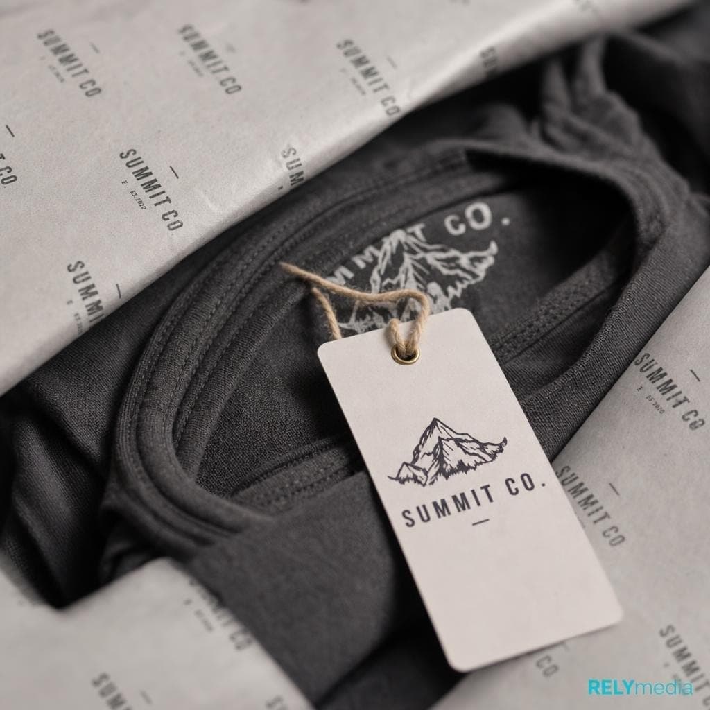 Close-up of a custom branded hang tag on a t-shirt