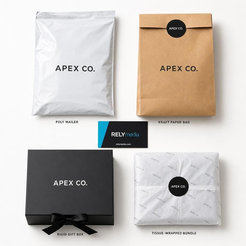 Flat lay of custom t-shirt packaging formats — poly mailers, kraft bags and pouches