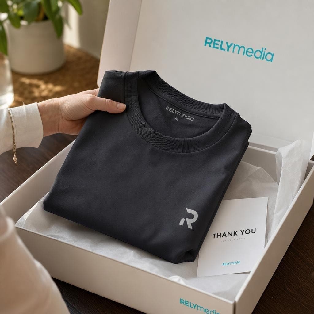 Branded t-shirt unboxing experience with tissue paper, hang tag and thank-you card