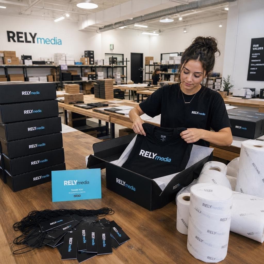 Apparel packaging production line preparing branded shirt orders