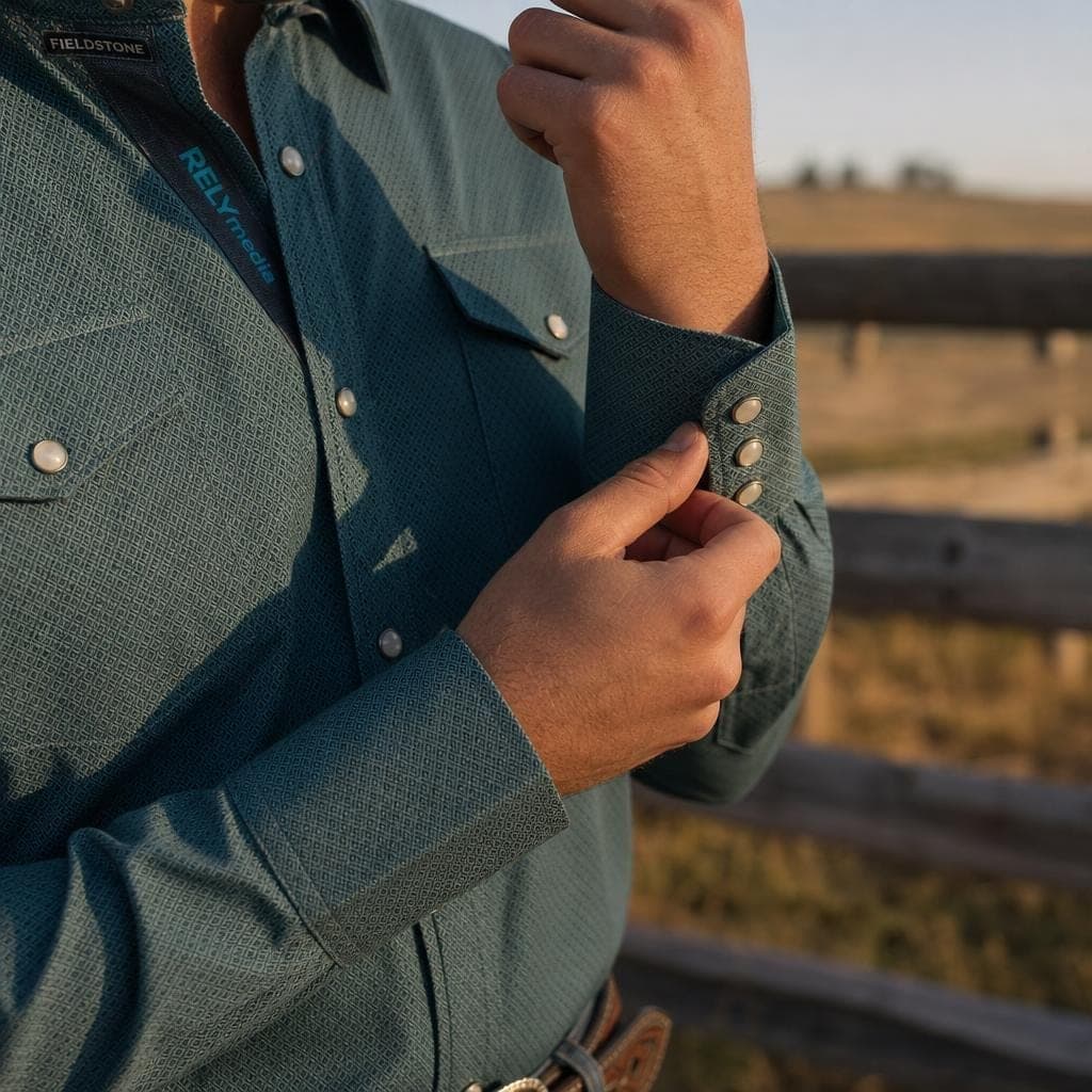 Person wearing a custom western shirt with piping and embroidered yoke