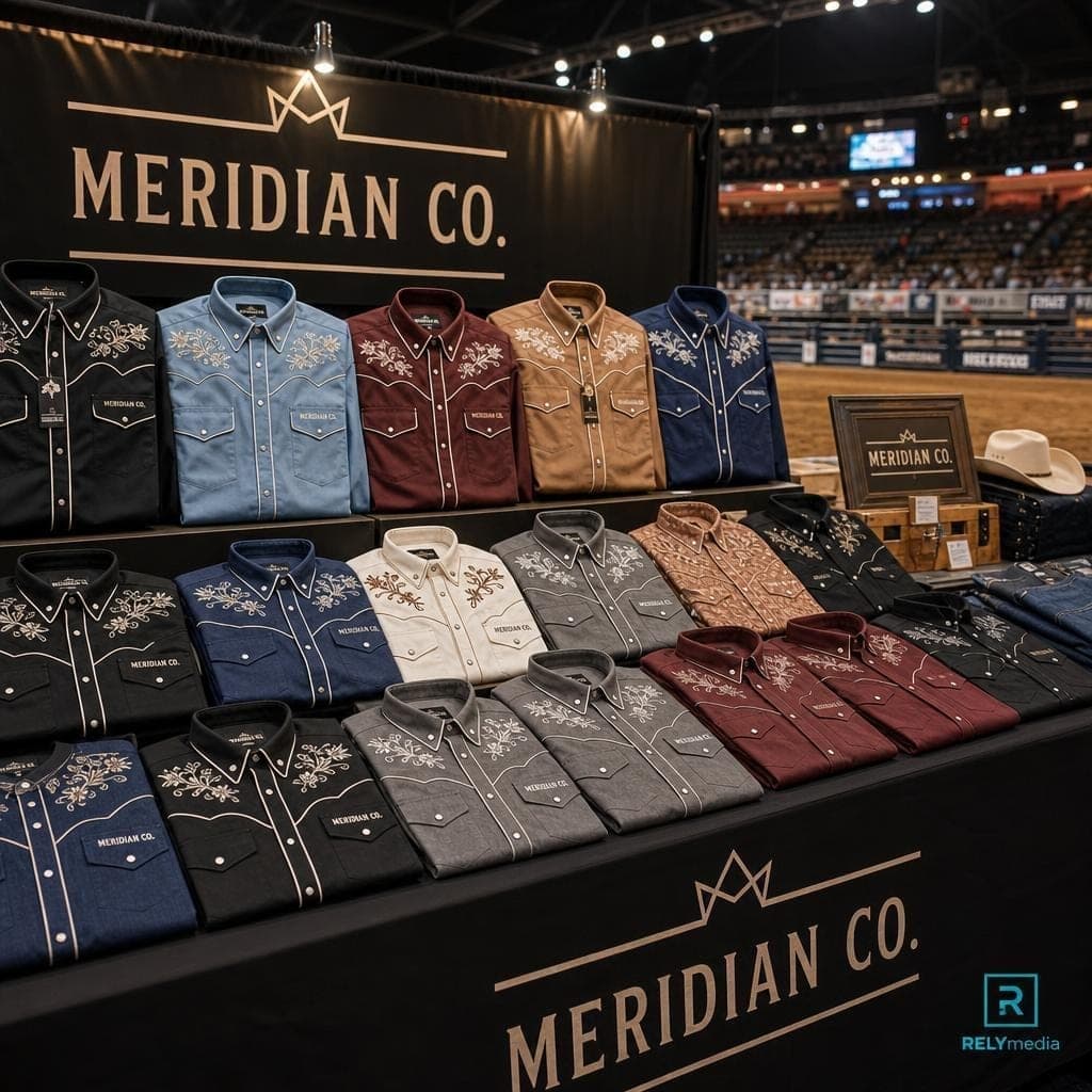 Rodeo event booth showcasing custom western shirts and specialty designs