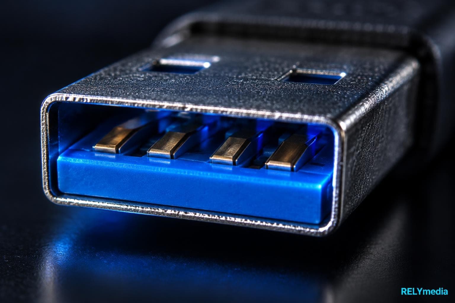 Close-up of the extra SuperSpeed contacts in a USB 3.0 plug