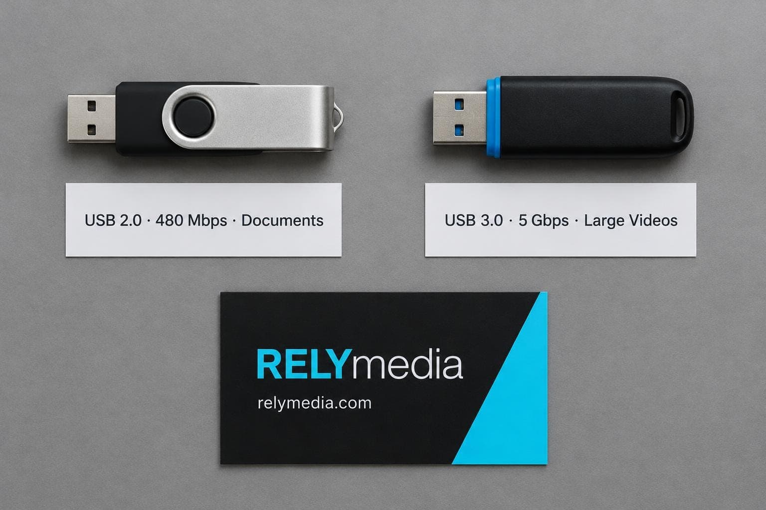 Flash drives laid out beside a printed spec card