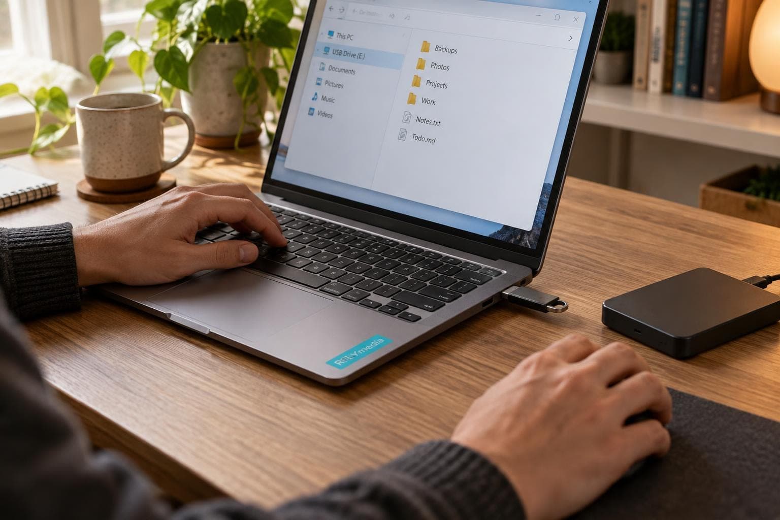 Person checking files on a flash drive