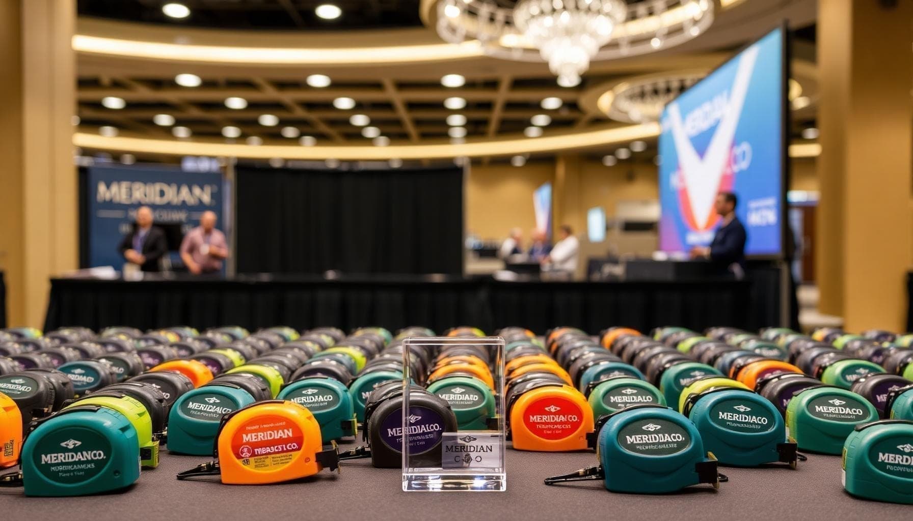 Group of branded promotional tape measures for business giveaways