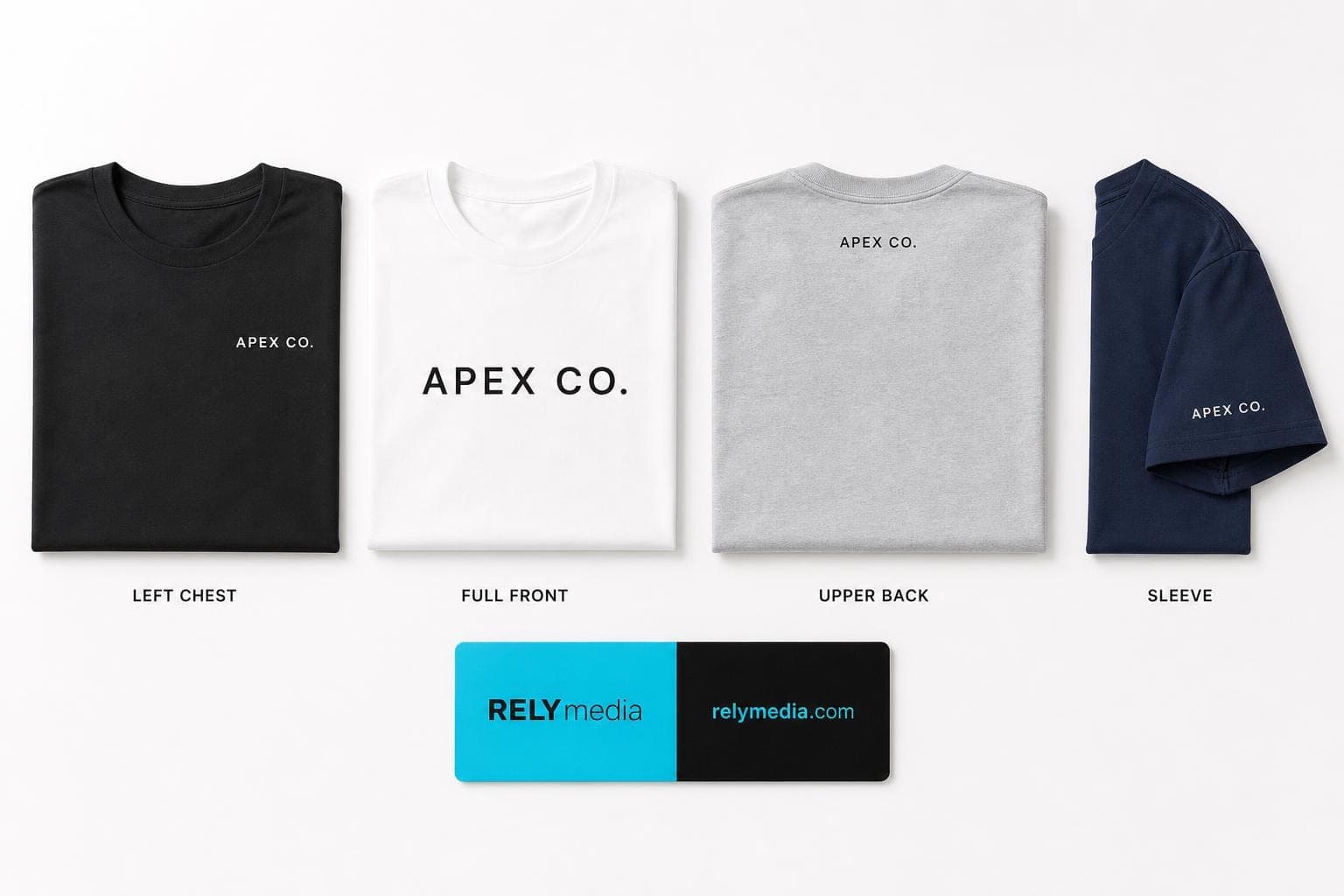 Print placement comparison across several shirts laid flat