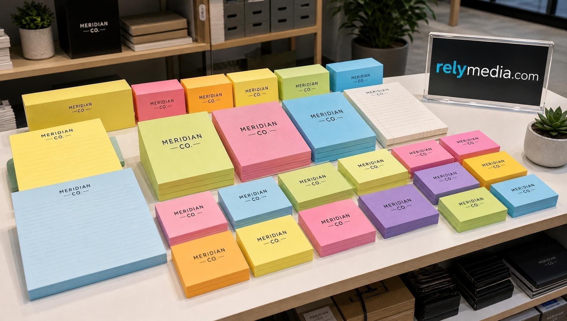 Office supply display featuring branded sticky notes