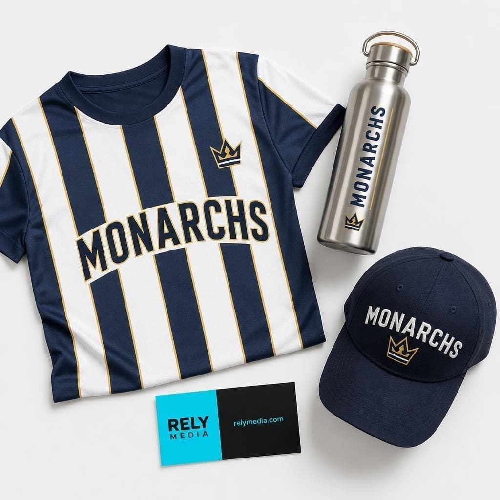 Flatlay of a complete team apparel kit — jersey, water bottle, and hat