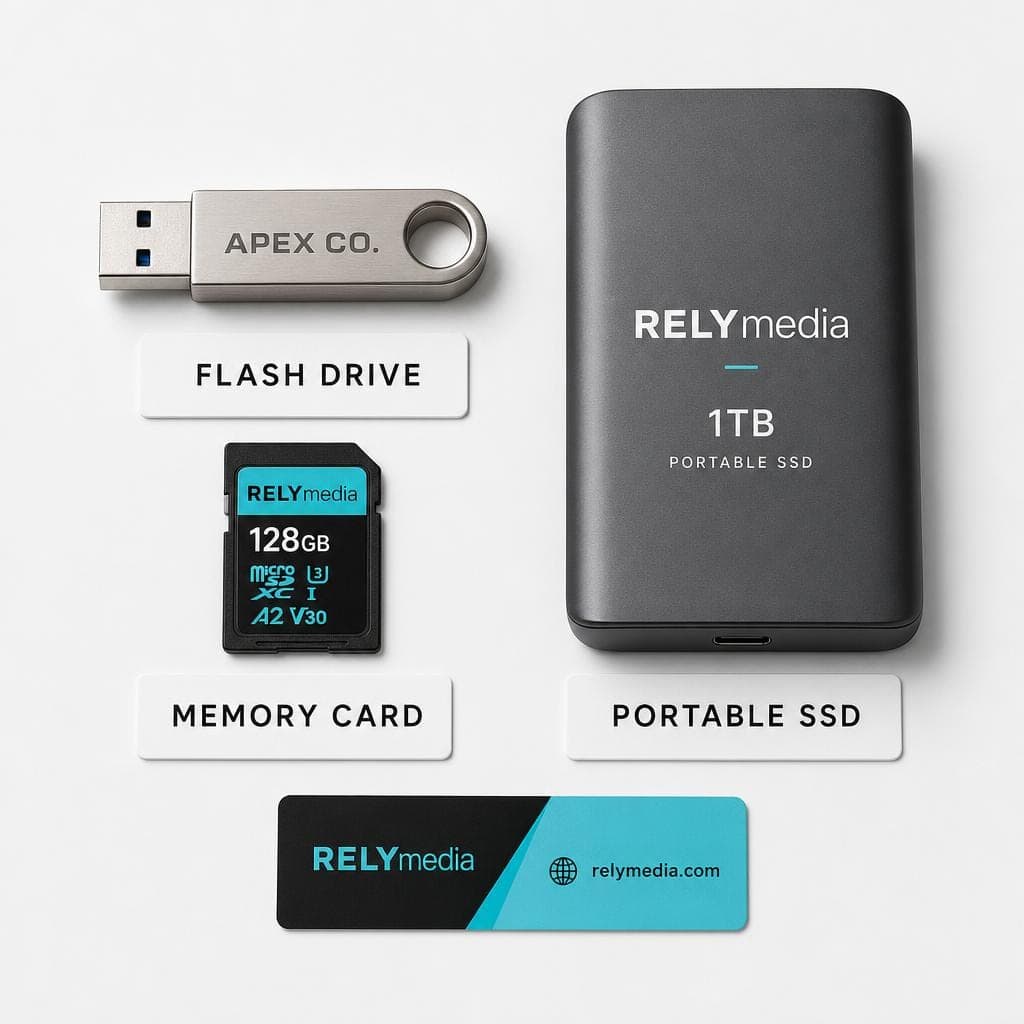 Flat lay of a USB flash drive, portable SSD, hard drive, and memory card