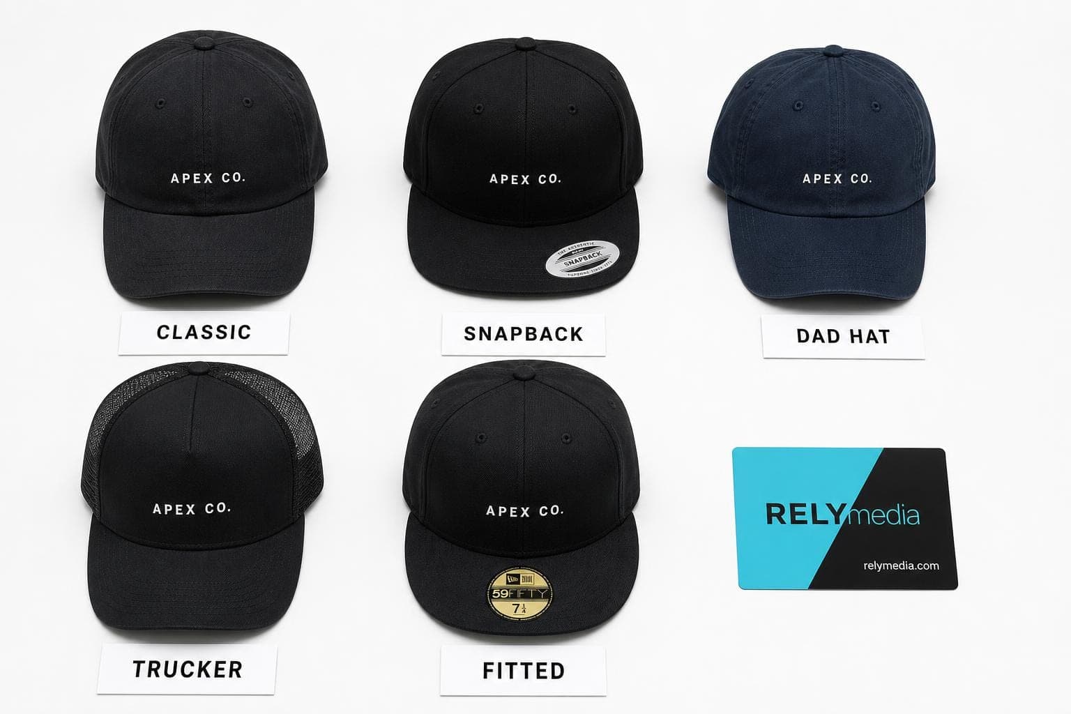 Five baseball cap styles laid out side by side