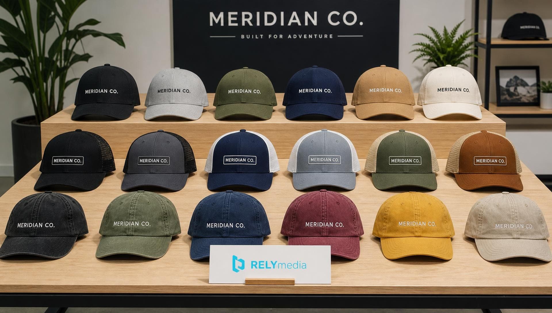 Custom team headwear display ready for a group order