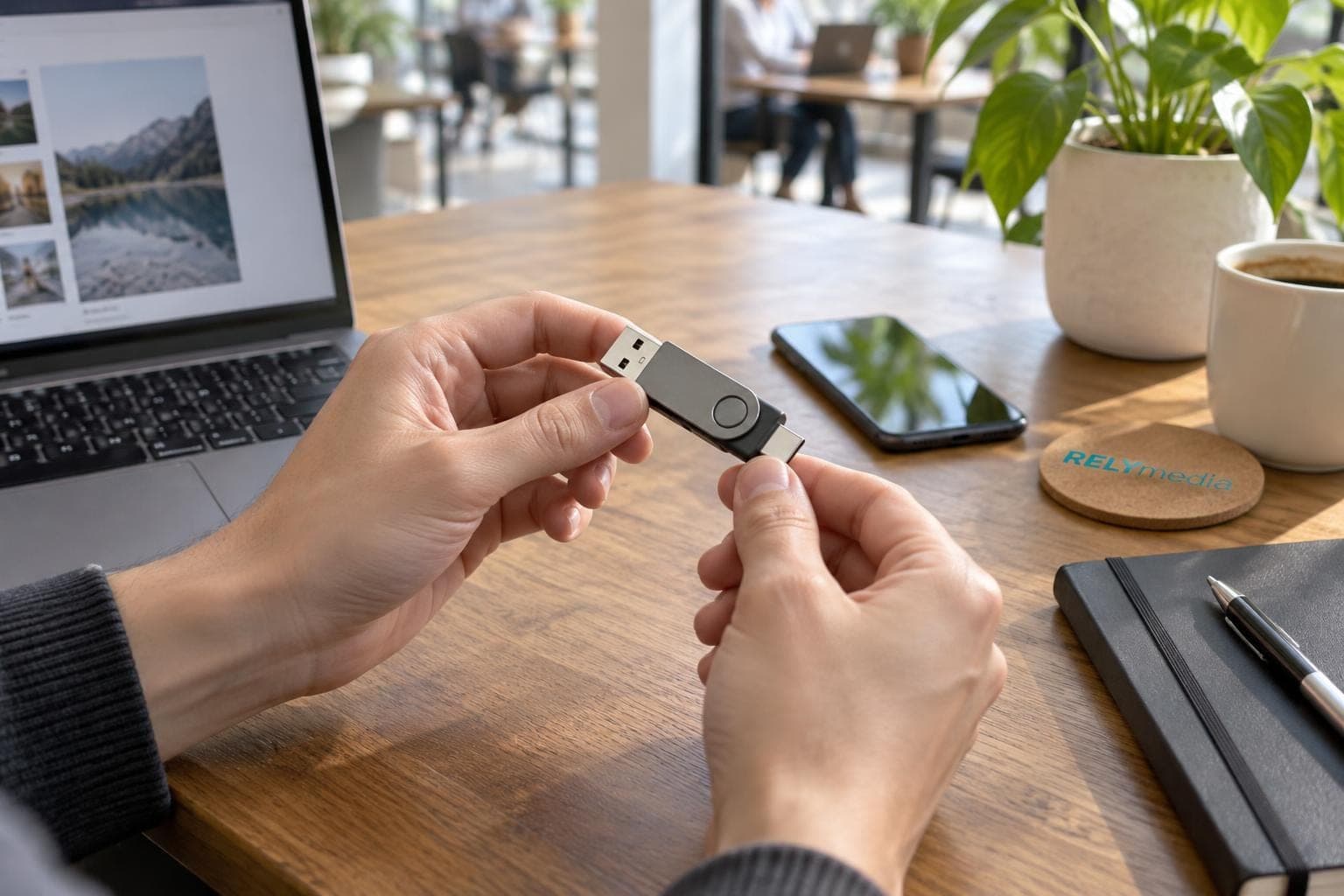 Person holding a dual-connector USB flash drive