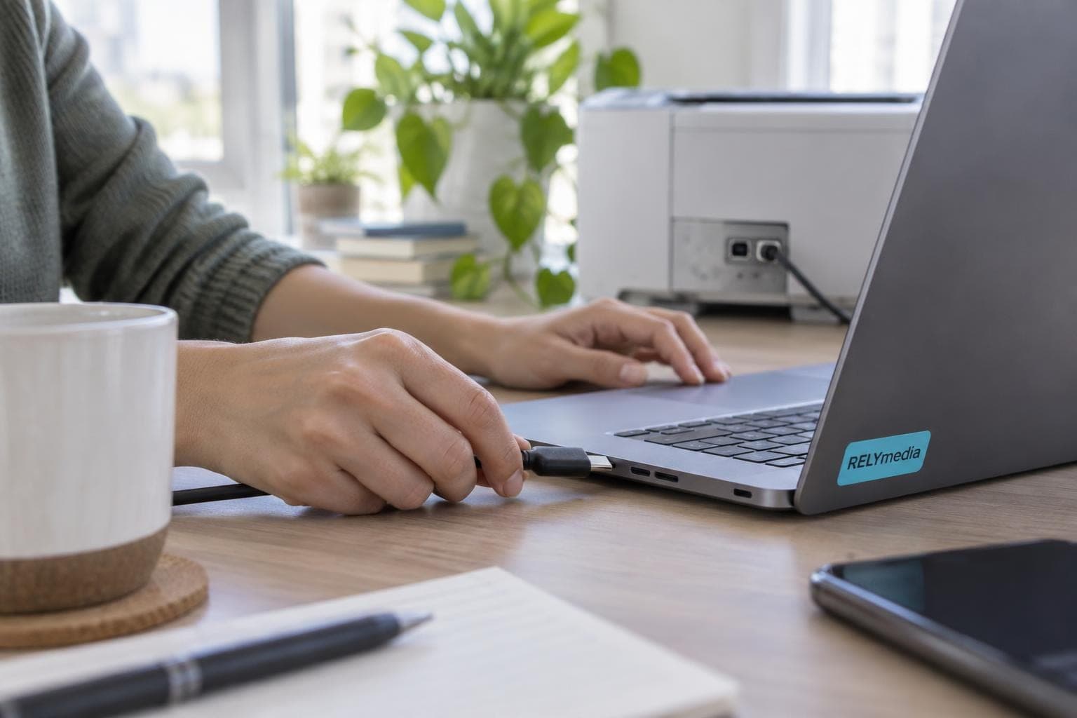 Person plugging a USB-C connector into a laptop