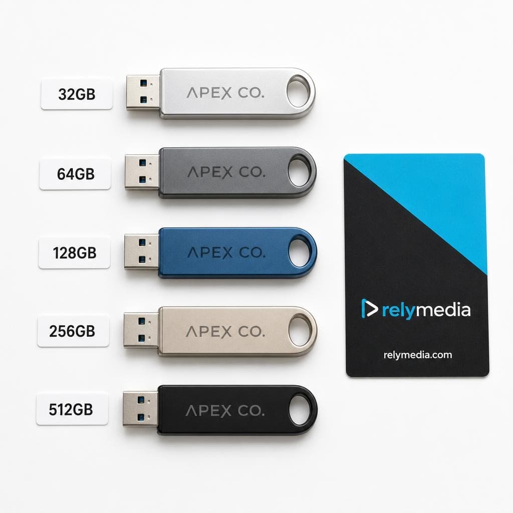 Flat lay of USB flash drives in different capacities and sizes