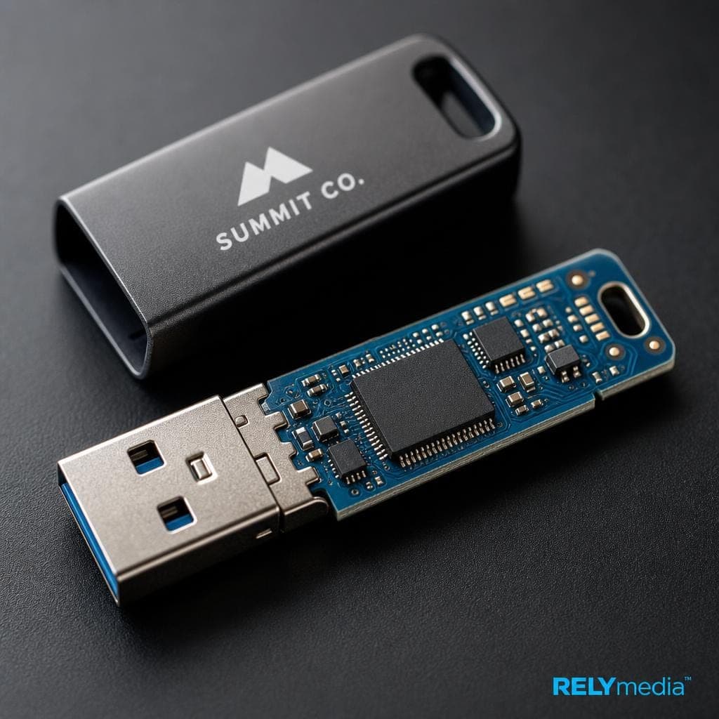Close-up of a USB flash drive circuit board and flash memory chip
