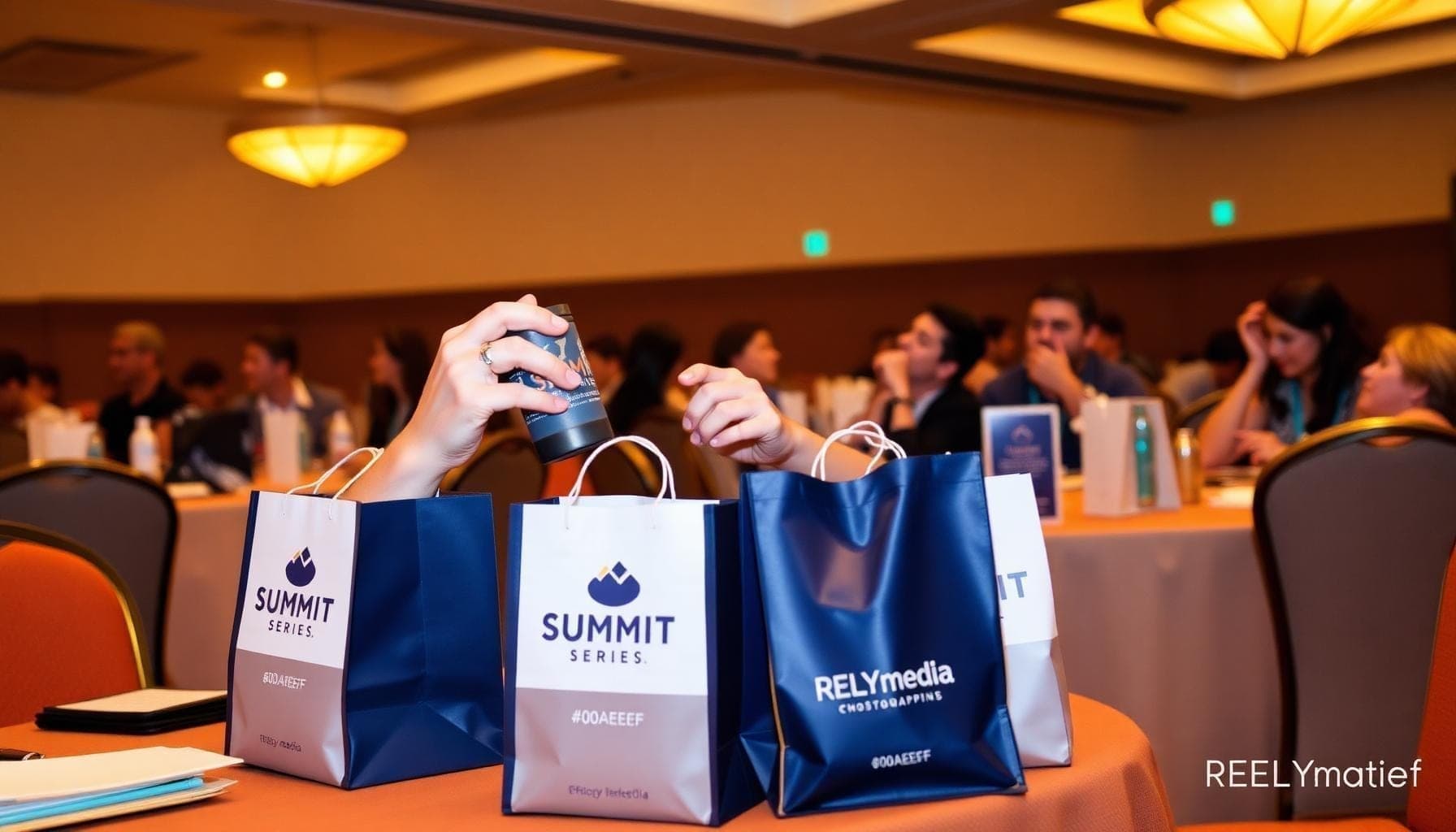 Corporate event swag bag with branded promotional products — custom giveaway ideas for events